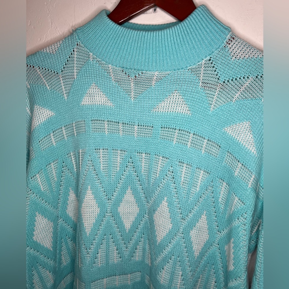 Vintage‎ 1980 Sweaters by Jolie Geometric Patterned Blue and White Sweater Retro - Picture 2 of 7